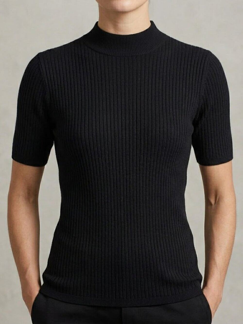 Madison Grey Black Ribbed Mock Neck Short Sleeve Sweater Knit Top - Size PXL